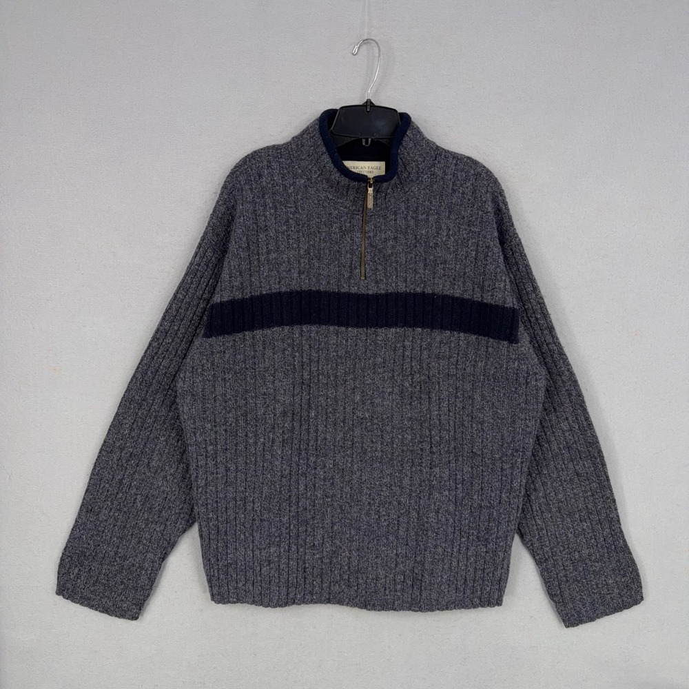American Eagle Sweater Mens XL Gray Striped Quarter Zip 100% Wool Gorpcore